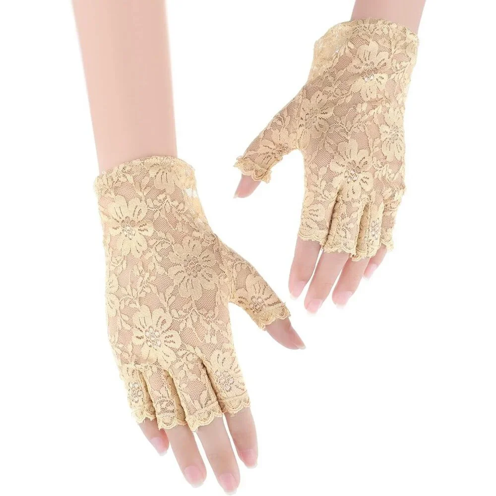 Women's Nude Floral Short Lace Gloves Sunblock Fingerless Bridal Opera Party
